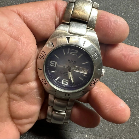 Vintage B.U.M. Equipment Mens Quartz Watch Silver Tone Blue Day Date Dial Workin - Picture 5 of 11